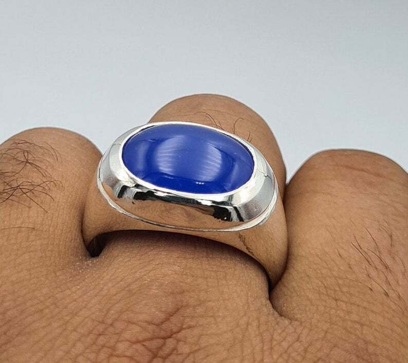 Rare blue yemeni aqeeq yamni yemen akik agate hakik bague mens rings easter gift - Heavenly Gems