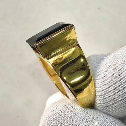 Yemeni Aqeeq Ring For Men, 14k yellow Gold Agate Ring, Natural Black Aqeeq Ring - Heavenly Gems