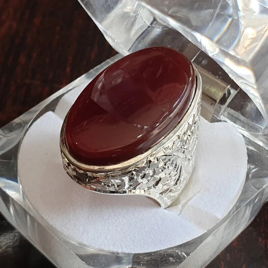 Mens Yemeni Aqeeq Ring Deep Blood Red Yamni Agate Ring For Men 925 Sterling Silver - Heavenly Gems