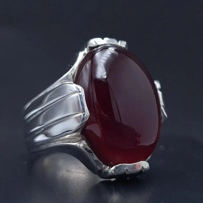 Mens Yemeni Aqeeq Oval Cut Ring Deep Blood Red Yamni Agate Ring For Men Sterling Silver 925 - Heavenly Gems