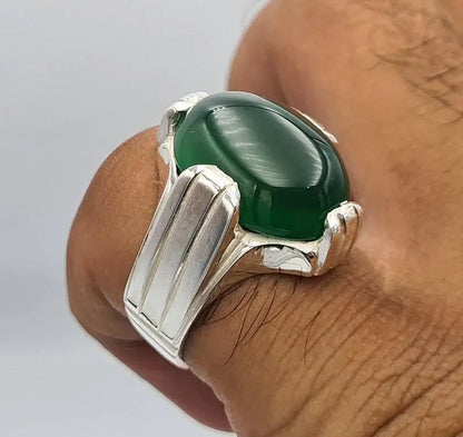 Green Yemeni Aqeeq Yamni Yemen Yamani Agate Akik Aqiq Hakik Ring Handmade Silver - Heavenly Gems