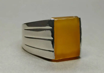 Natural Yemeni Zard Aqeeq Mens Ring Sterling Silver 925 Yellow Agate Ring Yemen - Heavenly Gems