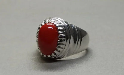 Natural Deep Red Australian Coral Mens Ring Sterling Silver 925 Dark Red ring - Heavenly Gems