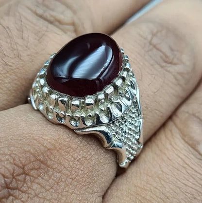 Mens rare blood yemeni aqeeq ring real genuine Yamni agate stone man Haqeeq ring Premium 925 Sterling Silver - Heavenly Gems