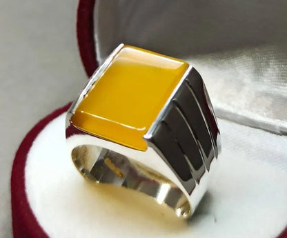 Natural Yemeni Zard Aqeeq Mens Ring Sterling Silver 925 Yellow Agate Ring Yemen - Heavenly Gems