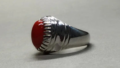 Natural Deep Red Australian Coral Mens Ring Sterling Silver 925 Dark Red ring - Heavenly Gems