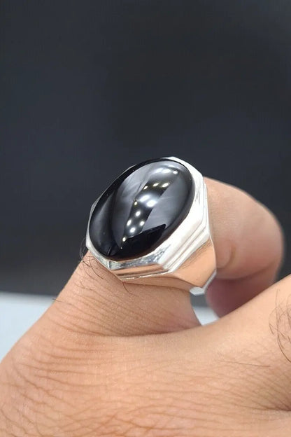 Mens Black Oval Cut Aqeeq Ring natural Agate Ring for Men Shifat Al Abad Yemeni Aqeeq 925 Sterling Silver Ring gift - Heavenly Gems
