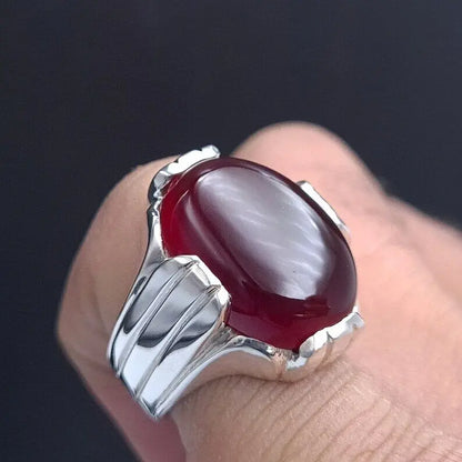 Mens Yemeni Aqeeq Oval Cut Ring Deep Blood Red Yamni Agate Ring For Men Sterling Silver 925 - Heavenly Gems