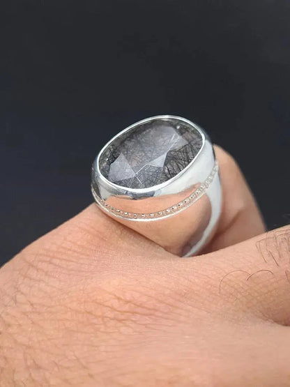 Natural Muh e Najaf Mens Sterling Silver 925 Handmade Ring Rutilated Quartz Ring - Heavenly Gems