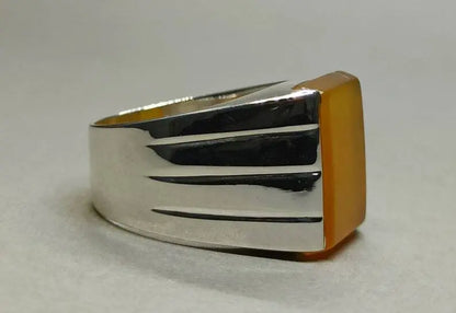 Natural Yemeni Zard Aqeeq Mens Ring Sterling Silver 925 Yellow Agate Ring Yemen - Heavenly Gems