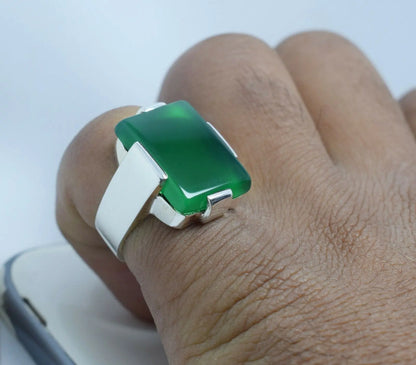 Natural Dark Green Yemeni Aqeeq Ring Agate 925 Sterling Silver Ring Shia Rings - Heavenly Gems