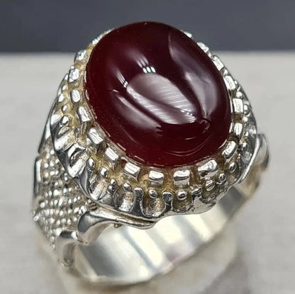 Mens rare blood yemeni aqeeq ring real genuine Yamni agate stone man Haqeeq ring Premium 925 Sterling Silver - Heavenly Gems