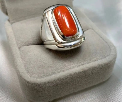 Natural Mens Red Coral Ring Sterling Silver 925 Handmade Ring High Quality Coral - Heavenly Gems