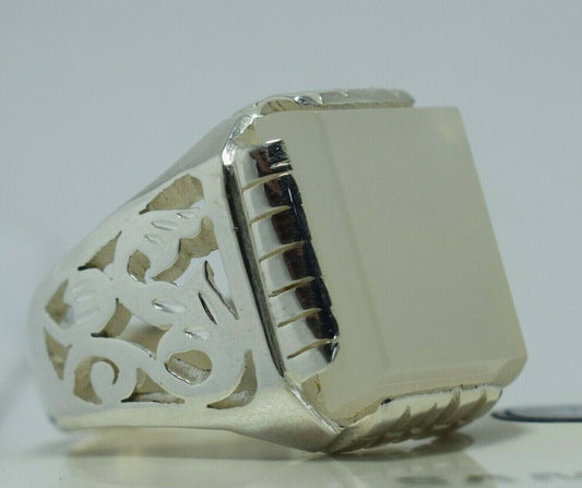 Yemeni Aqeeq Ring Deep White Agate Bague Mens Sterling Silver Handmade Rings925 - Heavenly Gems