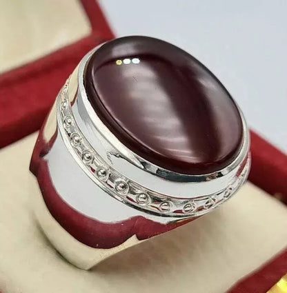 Handcrafted Blood Red Yemeni Aqeeq Ring - Natural Agate Aqiq Gemstone Jewelry for Men - Heavenly Gems