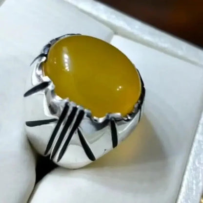 Yemeni Aqeeq Rings Natural Zard Aqeeq Ring Carnelian Yellow Agate Silver 925 men - Heavenly Gems