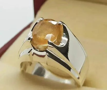 Natural Yellow Sapphire Men's Ring - Sterling Silver 925 Handmade Pukhraj Ring - Heavenly Gems