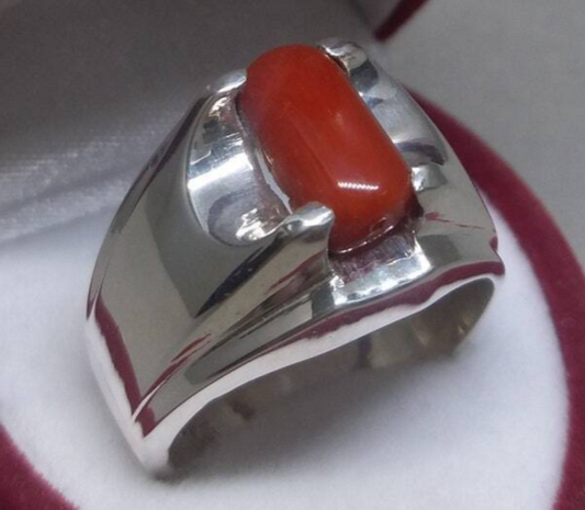 Natural Unheated Untreated Deep Red Coral Mens Ring Sterling Silver 925 Ring - Heavenly Gems