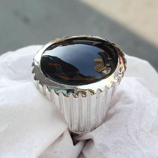 Mens Black Aqeeq Ring natural Oval Cut Agate Ring for Men Shifat Al Abad Yemeni Aqeeq Ring man - Heavenly Gems