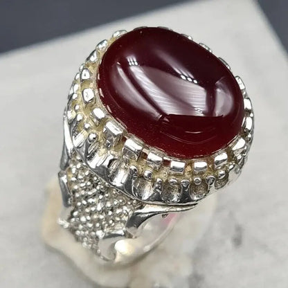 Mens rare blood yemeni aqeeq ring real genuine Yamni agate stone man Haqeeq ring Premium 925 Sterling Silver - Heavenly Gems