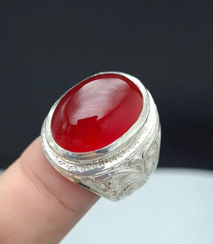 Mens Deep Blood Red Shifat al Abad Yemeni Aqeeq Ring Aqeeq agate Ring Akik Ring 925 Sterling Silver - Heavenly Gems