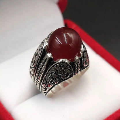 Blood Red Aqeeq Ring - Sterling Silver Natural Men's Agate Ring - Heavenly Gems