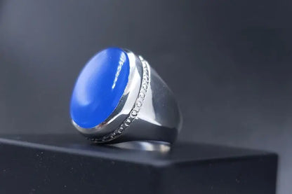 Rare Blue Aqeeq Ring Agate Akik Aqiq Flat Blue Agate Men Ring, Silver Handmade - Heavenly Gems