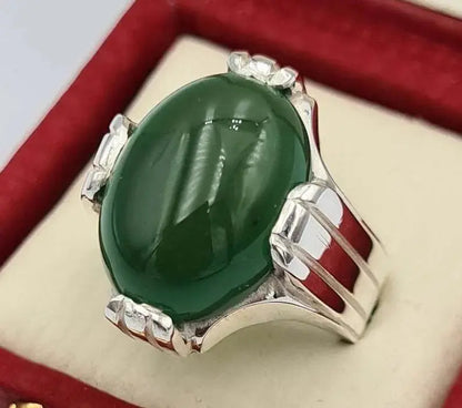 Green Yemeni Aqeeq Yamni Yemen Yamani Agate Akik Aqiq Hakik Ring Handmade Silver - Heavenly Gems
