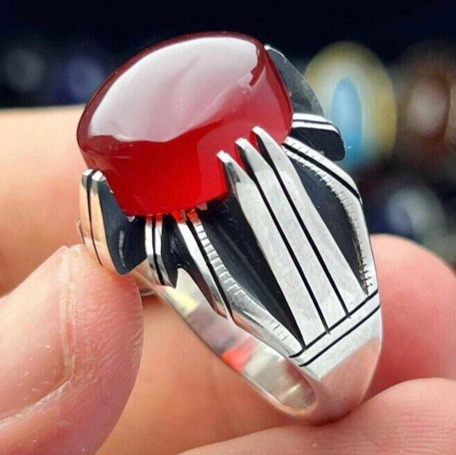 Yemeni Aqeeq Ring For Men, Natural Agate Ring With 925 Sterling Silver, Oval Cut - Heavenly Gems