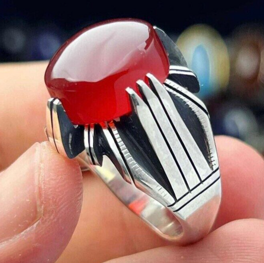 Yemeni Aqeeq Ring For Men, Natural Agate Ring With 925 Sterling Silver, Oval Cut - Heavenly Gems