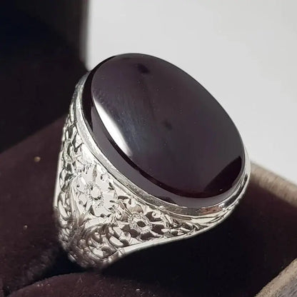 Yemeni Aqeeq Ring Shefat Al Abad Al Habshi Black Aqeeq Yemeni Kabadi Aqeeq Agate 925 Sterling Silver - Heavenly Gems
