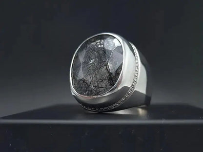 Natural Muh e Najaf Mens Sterling Silver 925 Handmade Ring Rutilated Quartz Ring - Heavenly Gems