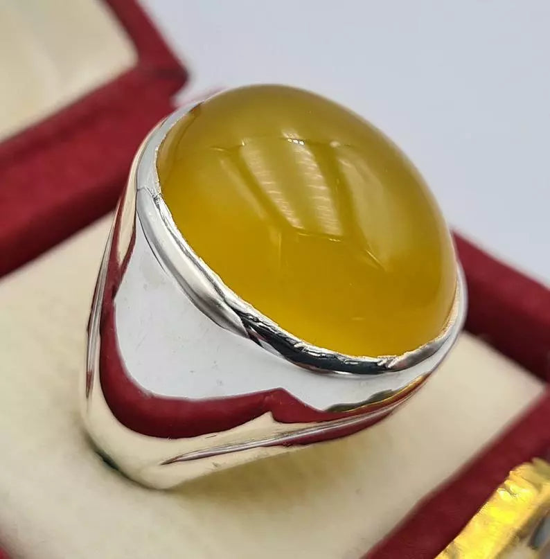 Aqeeq ring yemeni yamni yemen hakik yellow agate jewelry gift for him men rings - Heavenly Gems