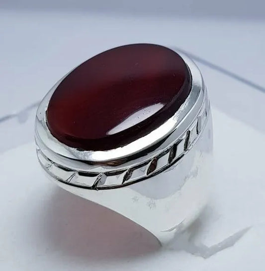 Handcrafted Yemeni Aqeeq Ring - Sterling Silver Agate Bague for Men