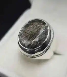 Natural Muh e Najaf Mens Sterling Silver 925 Handmade Ring Rutilated Quartz Ring - Heavenly Gems