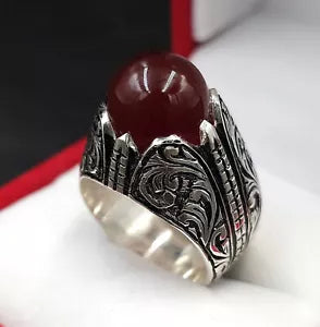 Blood Red Aqeeq Ring - Sterling Silver Natural Men's Agate Ring - Heavenly Gems