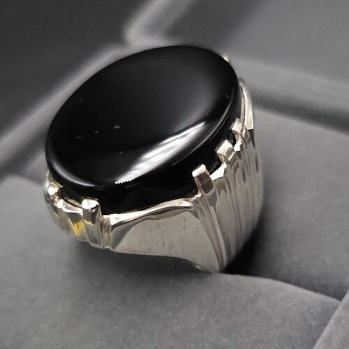 Mens Yemeni Aqeeq Ring Deep Black Yamni Agate Ring For Men Natural Agate Ring 925 Sterling Silver - Heavenly Gems