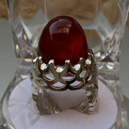 Shefat Al Abad Habshi Kabidi Yemeni Aqeeq Akik Agate Ring Blood Color Underlight Sterling Silver 925 - Heavenly Gems