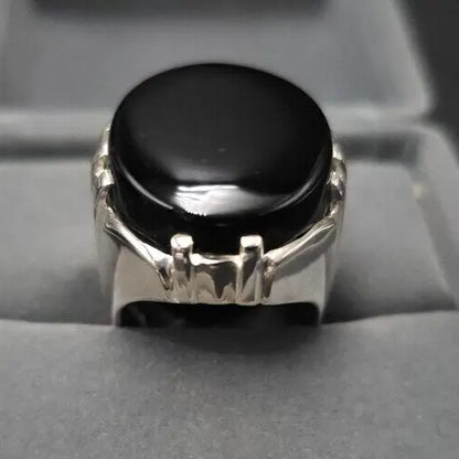 Mens Yemeni Aqeeq Ring Deep Black Yamni Agate Ring For Men Natural Agate Ring 925 Sterling Silver - Heavenly Gems