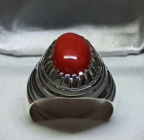 Natural Deep Red Australian Coral Mens Ring Sterling Silver 925 Dark Red ring - Heavenly Gems