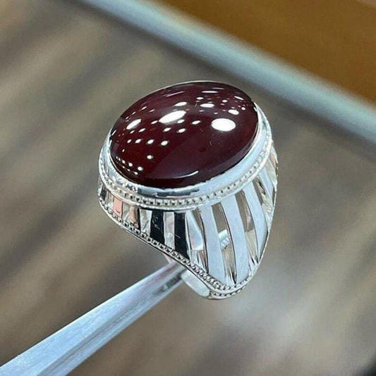 Natural Yemeni Aqeeq Oval Cut Ring Blood Red Yameni Agate Ring Sterling Silver 925 for man and women - Heavenly Gems