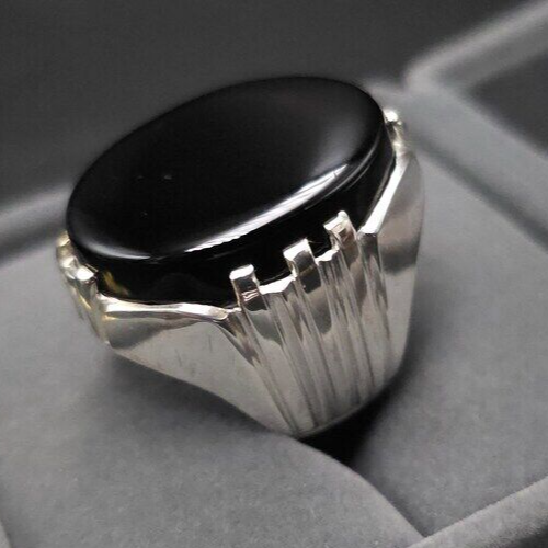 Mens Yemeni Aqeeq Ring Deep Black Yamni Agate Ring For Men Natural Agate Ring 925 Sterling Silver - Heavenly Gems