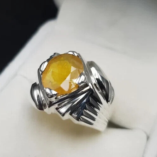 Mens Yellow Sapphire Ring Pukhraj Ring For Men Natural Yellow Sapphire Handmade - Heavenly Gems