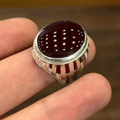 Natural Yemeni Aqeeq Oval Cut Ring Blood Red Yameni Agate Ring Sterling Silver 925 for man and women - Heavenly Gems
