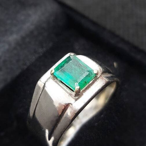 Natural Vivid Green Emerald Mens Ring Sterling Silver 925 Ring Handmade Emerald - Heavenly Gems