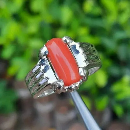 Red Coral Ring Men Natural Marjan Stone Ring in 925 Silver Coral Gemstone Ring - Heavenly Gems