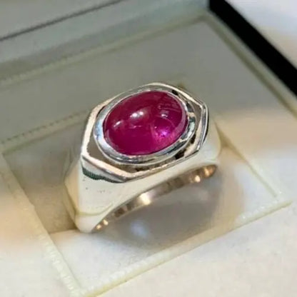 Natural Cabochon Ruby Mens Sterling Silver 925 Ring Big Oval Ruby Ring For Men - Heavenly Gems