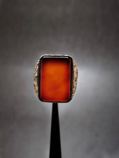Natural Mens Red Yemen Agate Rectangular Cut Ring Red Carnelian Ring For Men Silver 925 Handmade - Heavenly Gems
